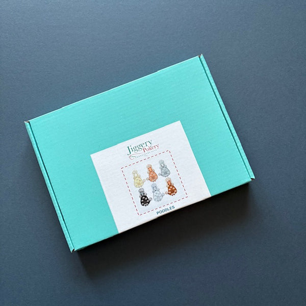 Poodles embroidery kit in teal mailing box with a label showing a photo and a list of kit contents