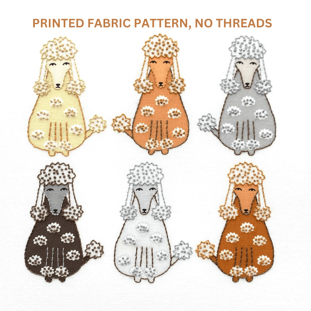 Poodles embroidery pattern showing 6 poodles in cream, apricot, dark grey, dark brown, light grey and brown. 