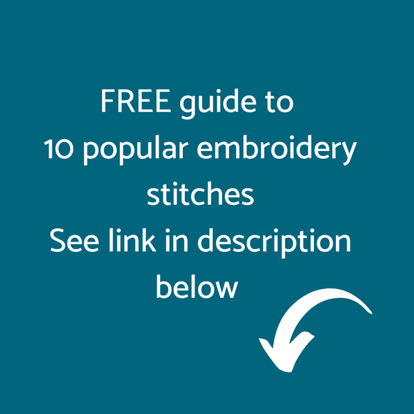 Text on a blue background promoting a free guide to embroidery stitches, a printable PDF. 