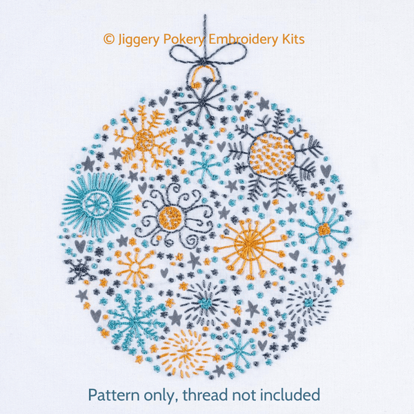 Christmas hand embroidery pattern showing a festive bauble stitched in turquoise, mustard gold and grey