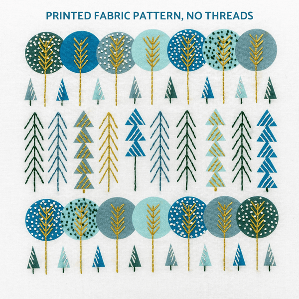 The trees embroidery pattern creates a forest of navy blue, aqua, grey, dark green and gold Scandi style trees. 