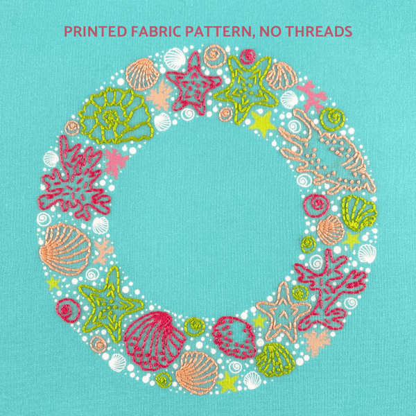 The wreath embroidery pattern creates a wreath of seashells, seaweed and stars with easy embroidery stitches in green, pink and coral