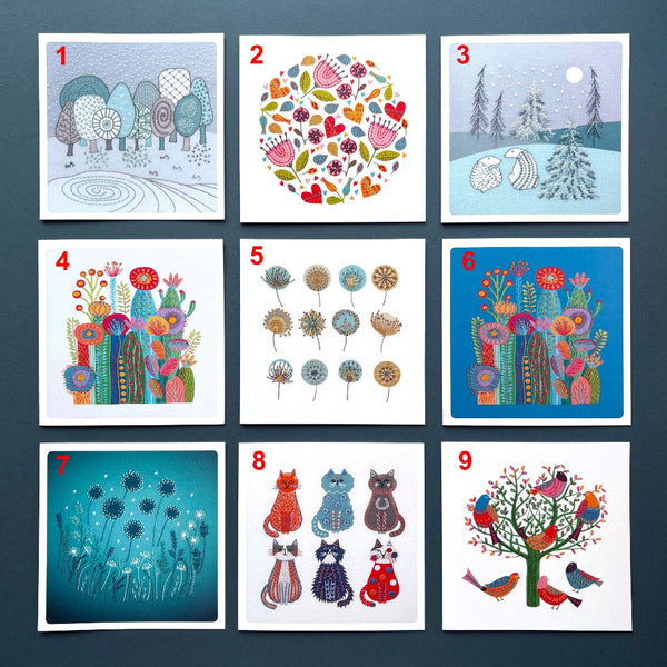 Nine printed greeting cards arranged in a 3x3 grid on a dark blue background. Each card is numbered to help customers choose which embroidery design they want.
