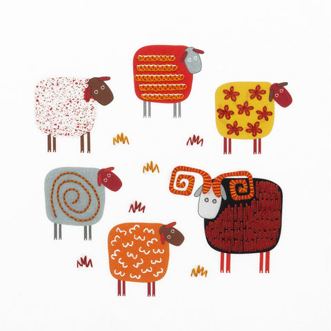 The Scandi style sheep embroidery features 5 sheep and a ram, each decorated with simple embroidery stitches. 