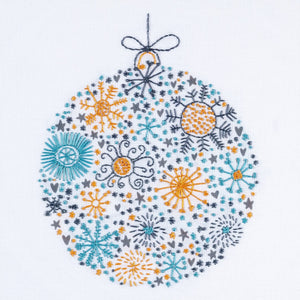 The Scandinavian Christmas embroidery design shows a festive bauble stitched in dark grey, teal and orange gold DMC thread colours colours