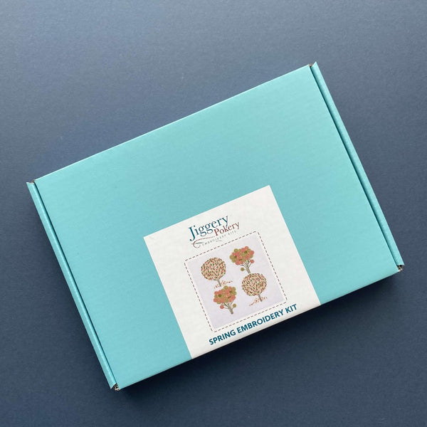 Spring embroidery kit packaged in a pretty turquoise blue box with labelling
