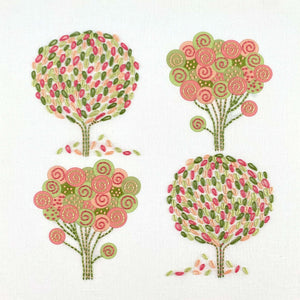 Spring embroidery kit showing four trees stitched in pink, peach and green DMC threads