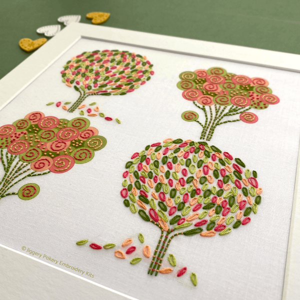 Close-up of bottom right tree with the other trees in the embroidery pattern  background
