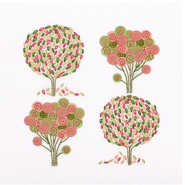 Four stylised trees stitched  with pink, green, coral and green leaves on a white background