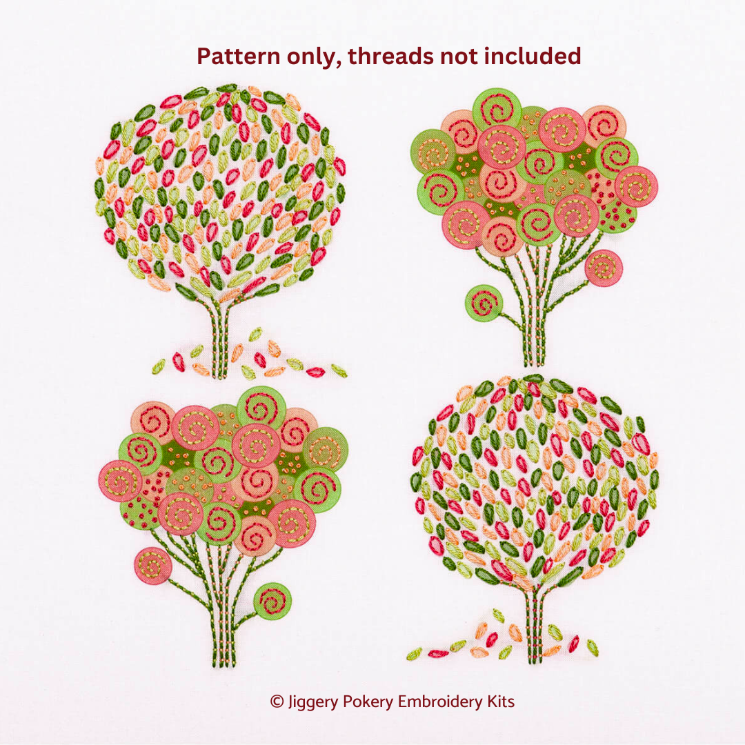 Spring embroidery pattern showing tree embroidery design stitched in pink, peach and green