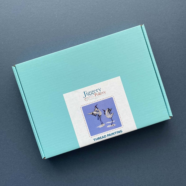 Thread painting embroidery kit packaged in a pretty turquoise blue box with labelling