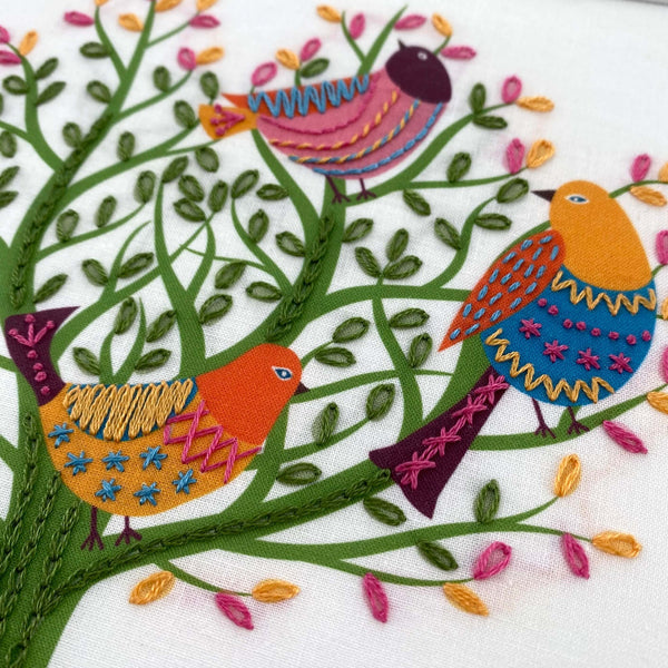 The birds embroidery kit includes these three birds shown in close up against the tree embroidery