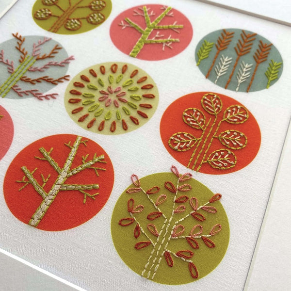 Trees embroidery kit showing a tree stitched with lazy daisy stitch on a printed lime green circle