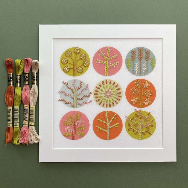 Trees embroidery kit with DMC threads in cream, pink, lime green and orange