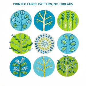 Trees embroidery pattern on fabric printed with blue and green circles for you to complete with simple embroidery stitches.