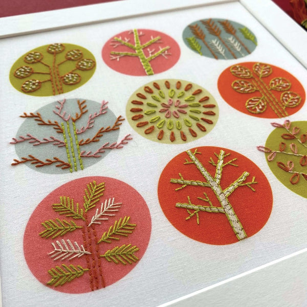Trees embroidery pattern showing bottom left trees stitched with fly stitch on a pink printed circle