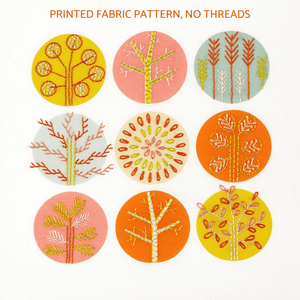 Trees embroidery pattern on fabric printed with pink and orange circles for you to complete with simple embroidery stitches.