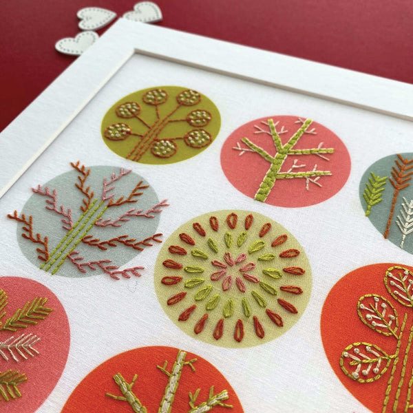 Trees embroidery pattern showing trees stitched on lime green, pink, grey and cream printed circles
