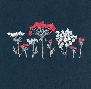 This embroidery design creates a group of shocking pink and white wild flowers with pale grey stems, stitched onto a charcoal grey background.