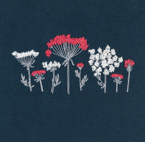This embroidery design creates a group of shocking pink and white wild flowers with pale grey stems, stitched onto a charcoal grey background.