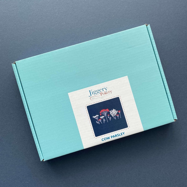 Wildflower embroidery kit packaged in a pretty turquoise blue box with labelling