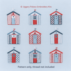 Beach embroidery pattern by Jiggery Pokery showing 9 beach huts