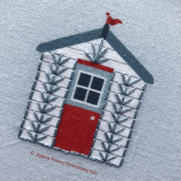 Jiggery Pokery beach embroidery with close-up of one beach hut