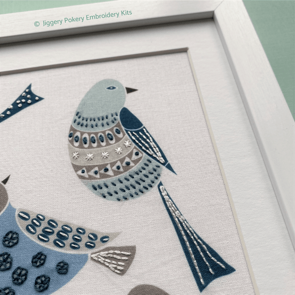 Easy birds embroidery kit showing close-up of bird in frame