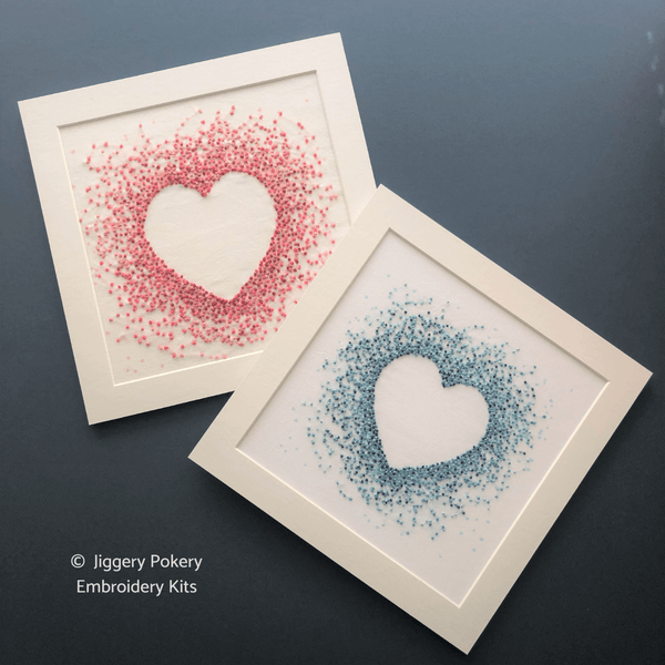 Blue hearts and pink hearts embroidery kits by Jiggery Pokery