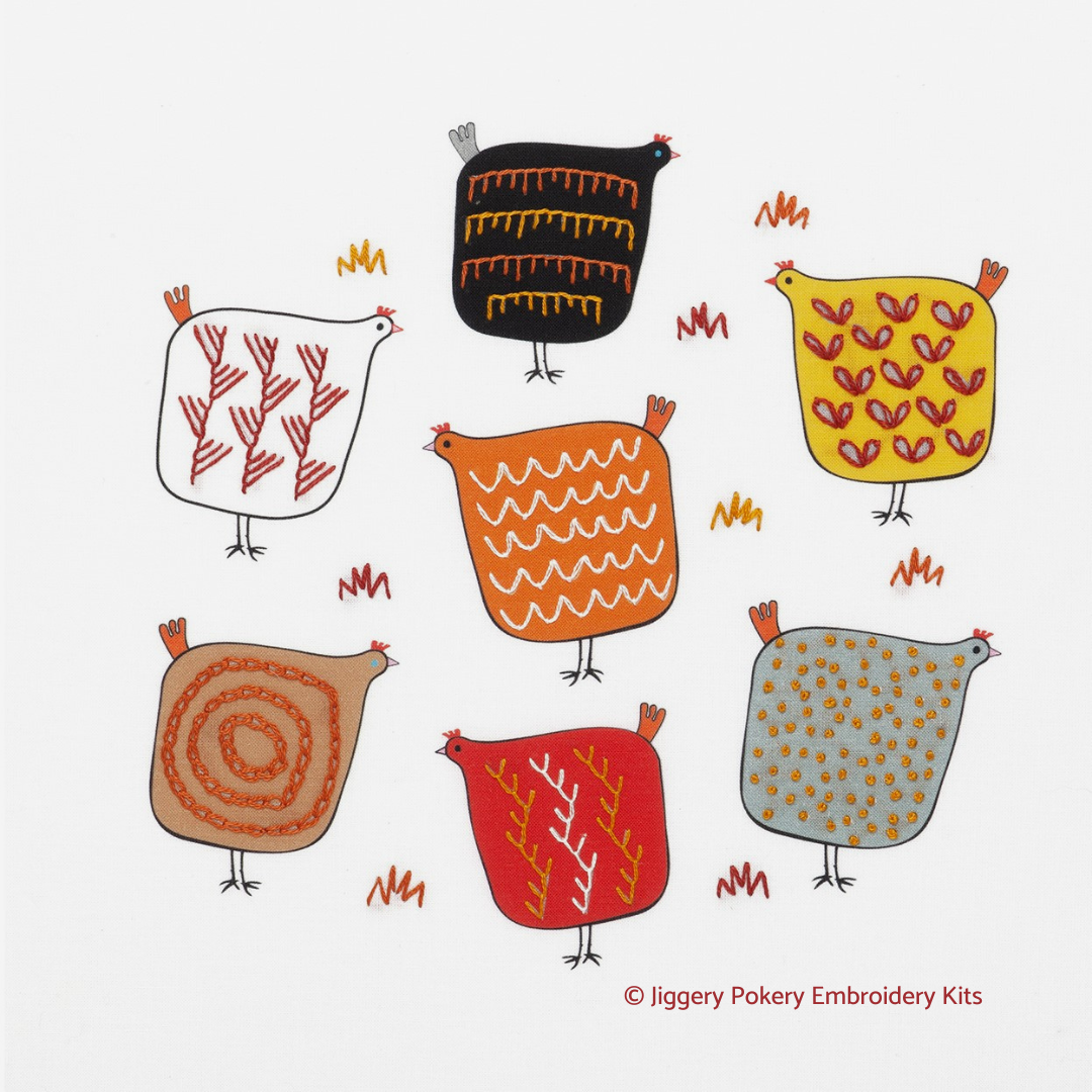 Chicken embroidery kit by Jiggery Pokery showing 7 colourful Scandi style hens