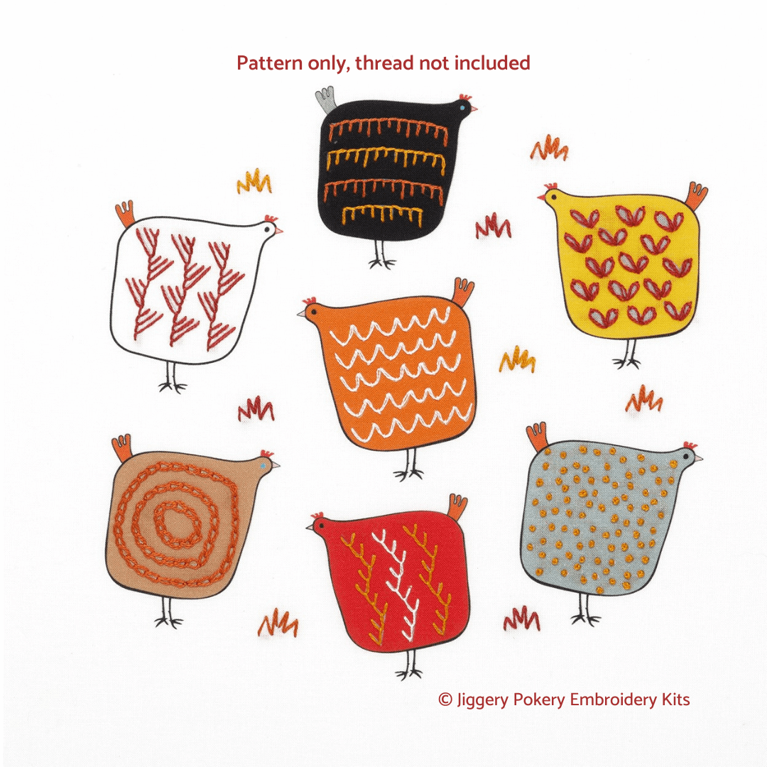 Chicken embroidery pattern showing a group of 7 colourful hens in Scandinavian style