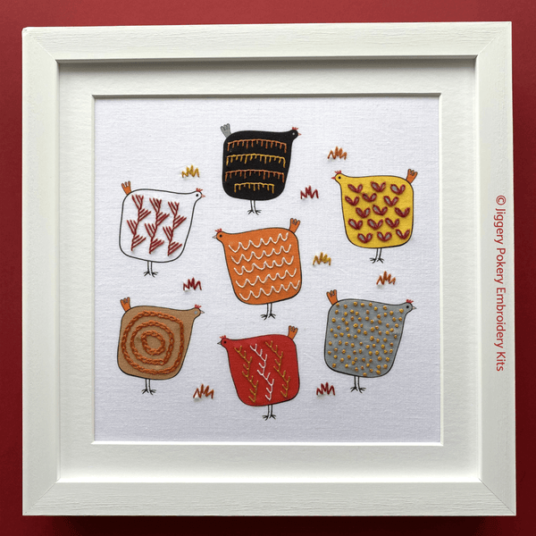 Framed chicken embroidery pattern in Scandi style