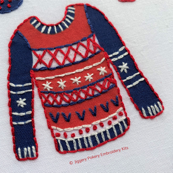 Jiggery Pokery Christmas hand embroidery pattern close-up of jumper