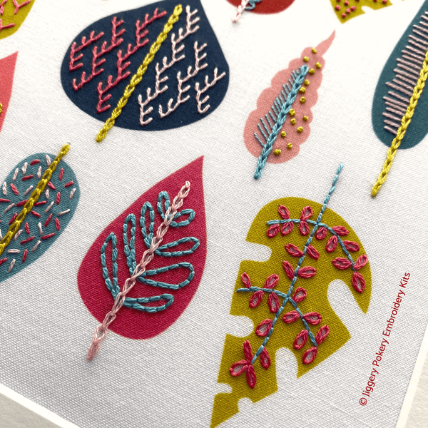Close-up of leaf embroidery pattern by Jiggery Pokery