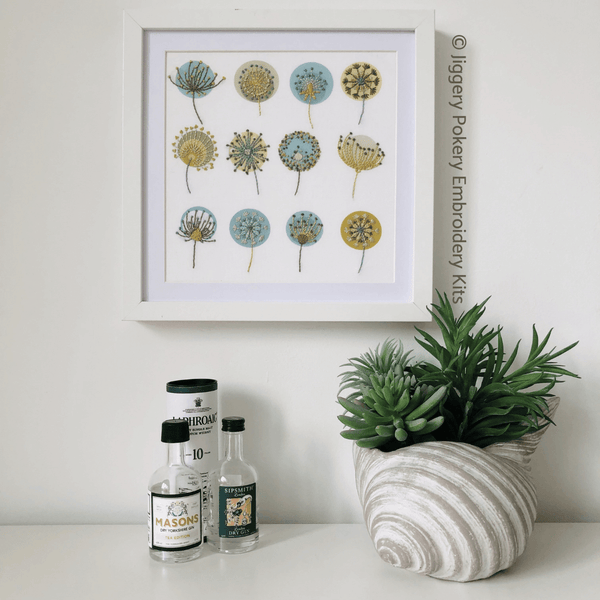 Framed embroidery of dandelion flowers