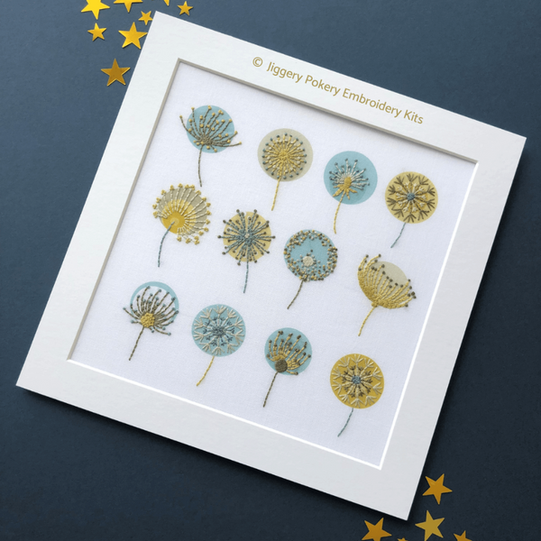 Dandelions embroidery pattern with gold stars on blue background