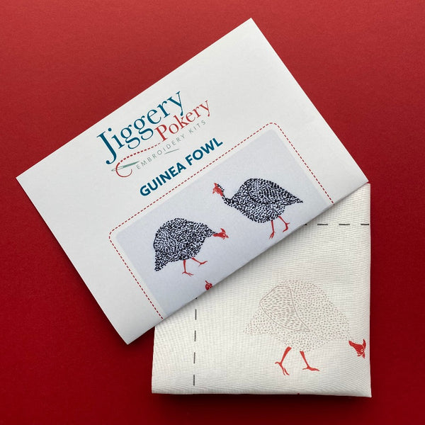 Bird embroidery pattern of guinea fowl printed on fabric  shown with instructions