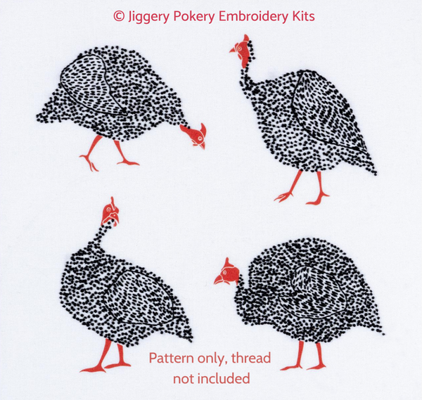 Guinea fowl hen embroidery design showing four black and white birds with red necks and feet