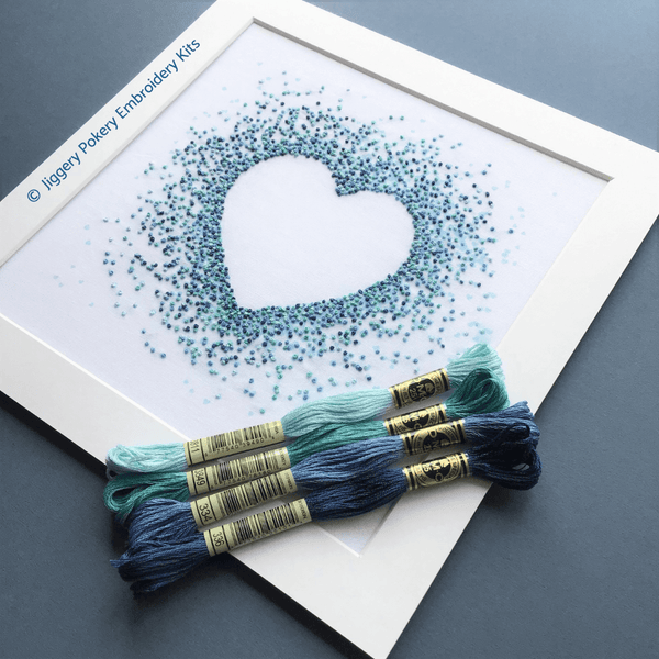 Blue hearts embroidery kit with DMC threads