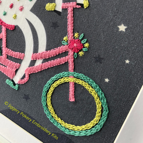 Close-up of chain stitch wheel on Jiggery Pokery unicorn embroidery pattern