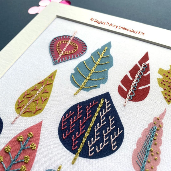 Close up of mounted leaf embroidery kit by Jiggery Pokery