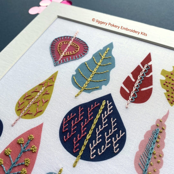 Leaf embroidery design by Jiggery Pokery close-up mounted