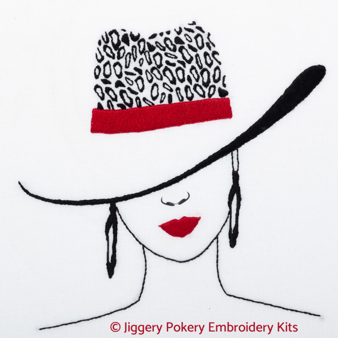 Leopard print embroidery kit showing a silhouette of a woman wearing an animal print hat