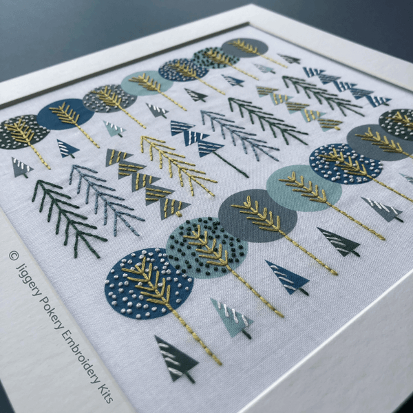 Scandinavian embroidery design of trees mounted