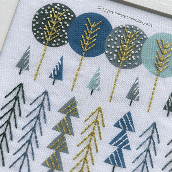 Close-up of Scandinavian trees embroidery pattern showing stitching in gold, blue, white and dark green