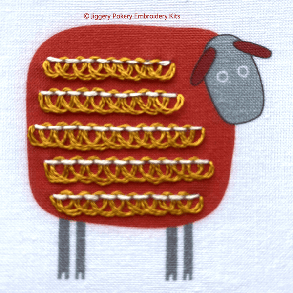 Close-up of Pekinese stitch in sheep embroidery pattern by Jiggery Pokery
