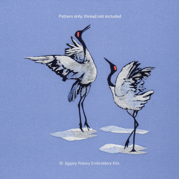 Thread painting pattern showing dancing crane birds